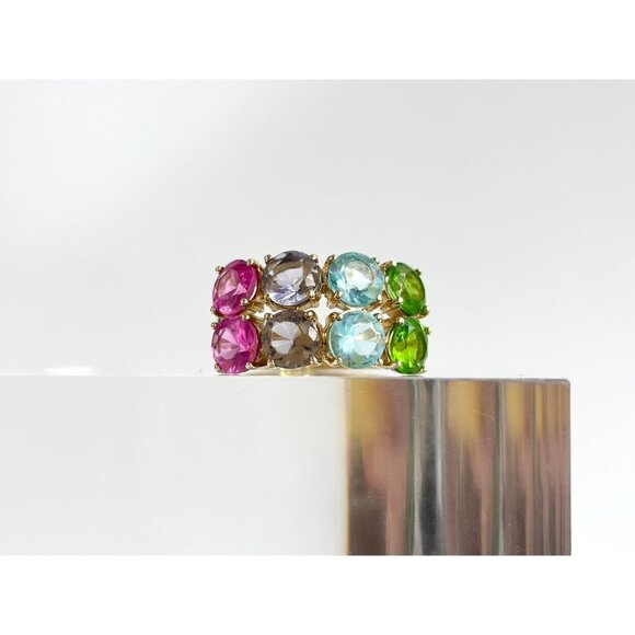 Multi Gemstone Pink Topaz, Peridot,  & Aquamarine Vintage Ring - sz 8 - Picture 2 of 10